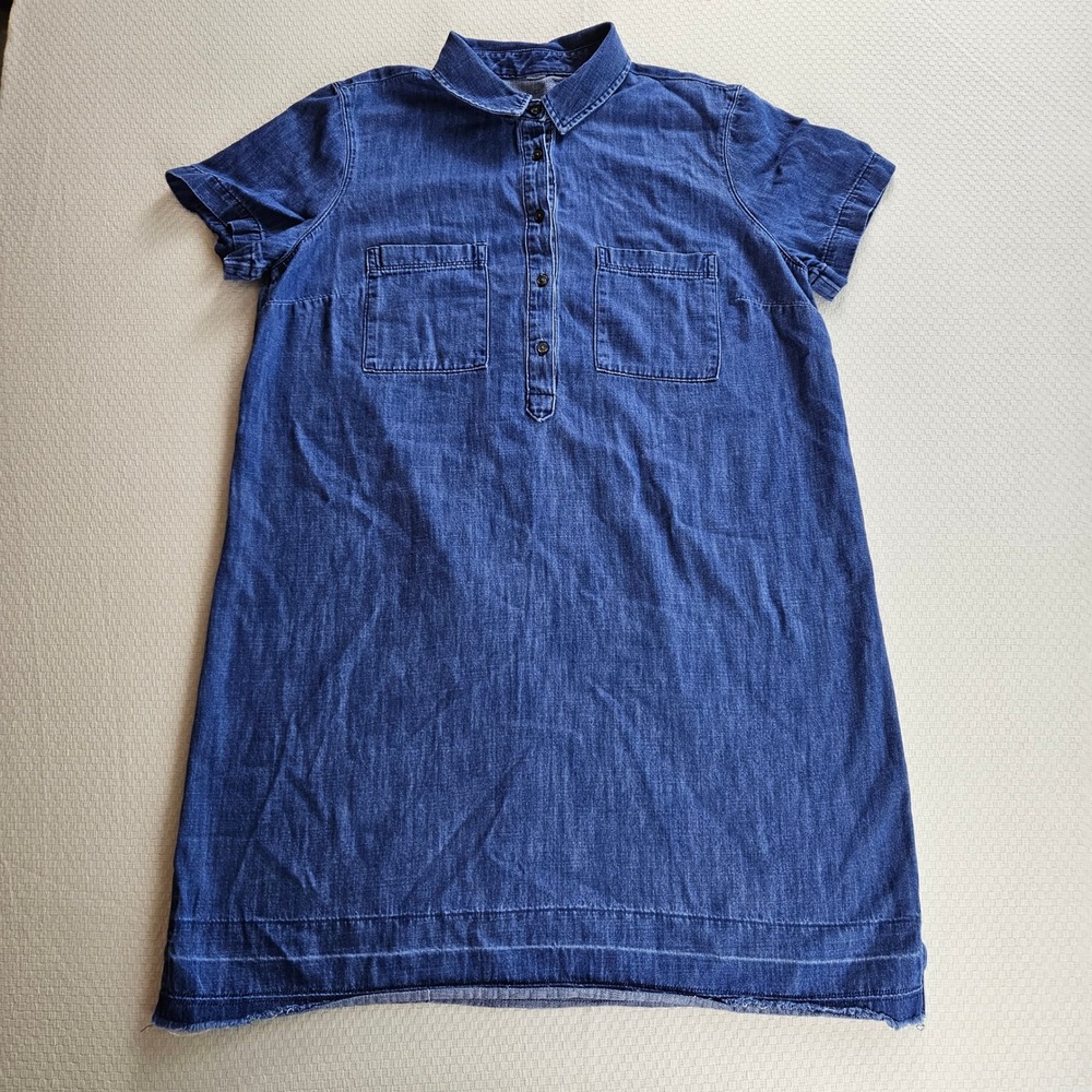 Denim Shirt Dress Blue Short Sleeve Raw Hem Button Front Large Western Indie 90s